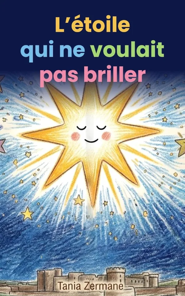 Couverture de L'étoile qui ne voulait pas briller : une étoile dorée souriante, les yeux fermés, brille dans un ciel bleu étoilé au-dessus d'une forteresse.